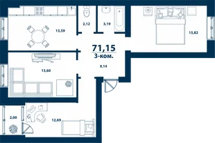 Планировка 3-комн. квартира, 71.15 м² ЖК «Город природы»