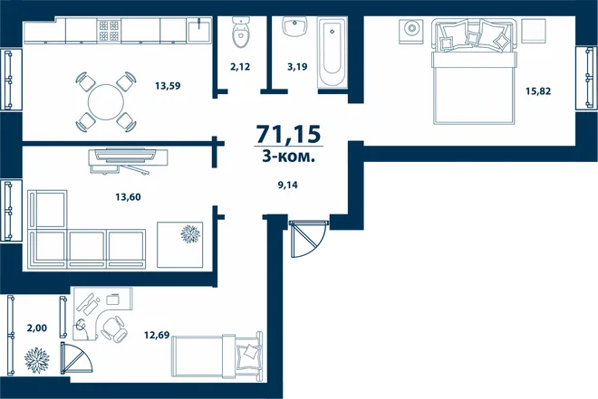 Планировка 3-комн. квартира, 71.15 м² ЖК «Город природы» Планировка 3-комн. квартира, 71.15 м² ЖК «Город природы»