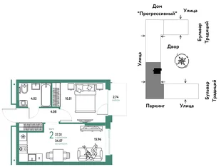 Планировка 2-комн. квартира, 37.31 м² ЖК «Микрорайон Домашний»