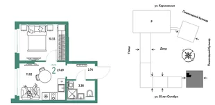 Планировка 2-комн. квартира, 27.69 м² ЖК «Сердце Сибири»