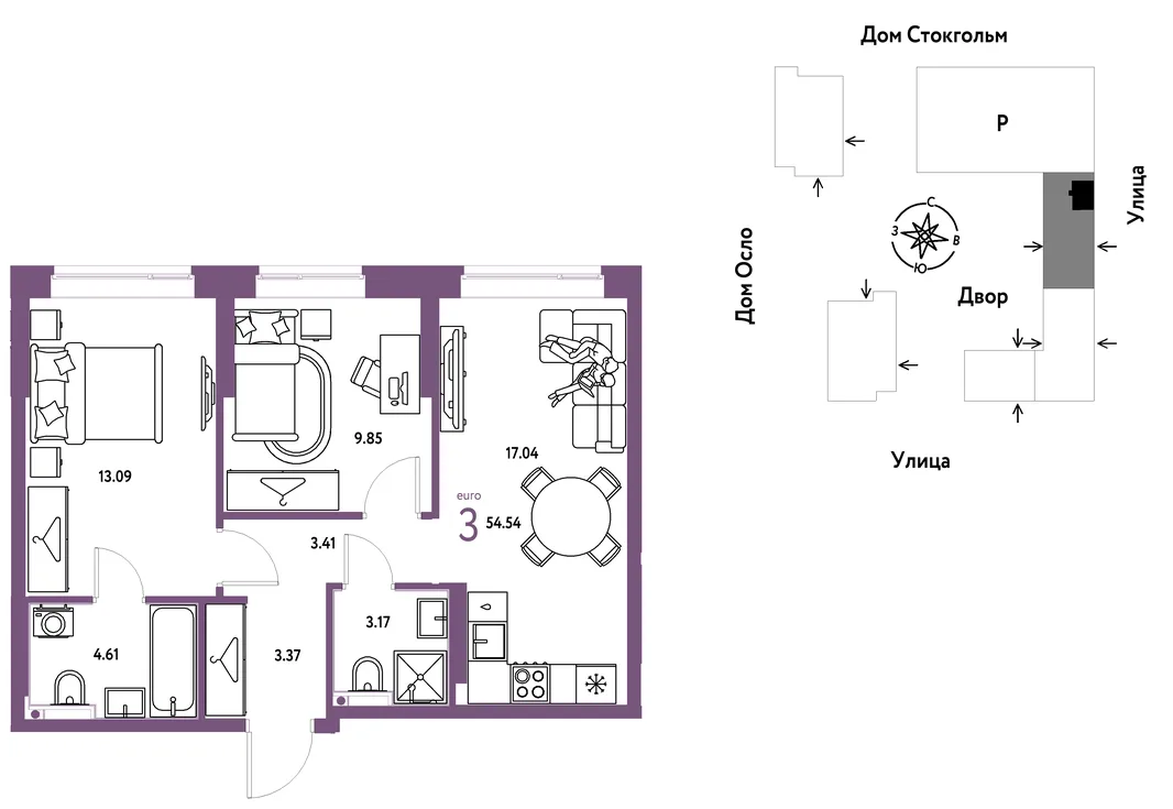Планировка 3-комн. квартира, 54.54 м² ЖК «Европейский берег 2.0»