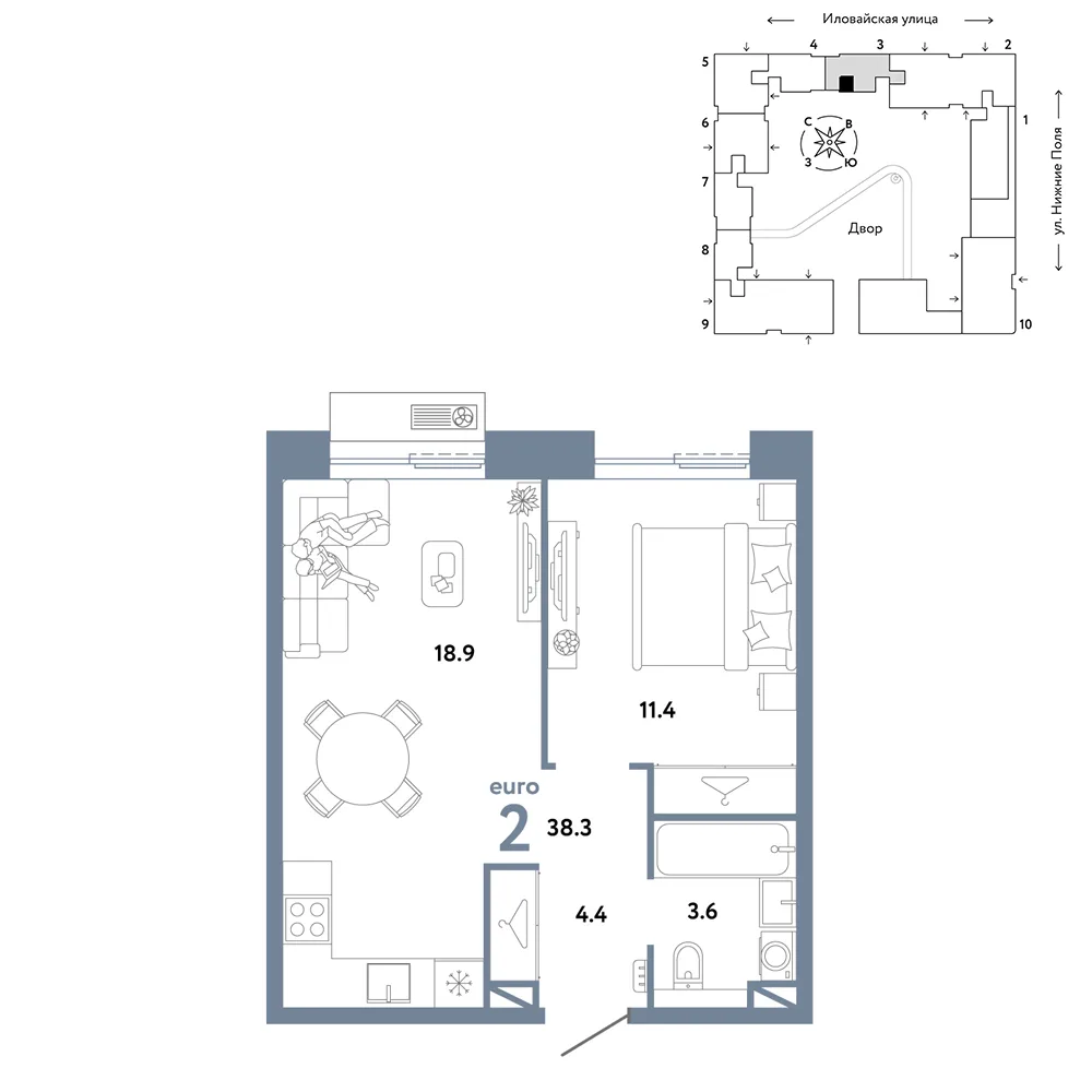 Планировка 2-комн. квартира, 38.3 м² ЖК «Страна.Заречная»