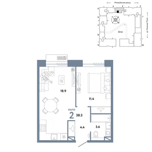 Планировка 2-комн. квартира, 38.3 м² ЖК «Страна.Заречная»
