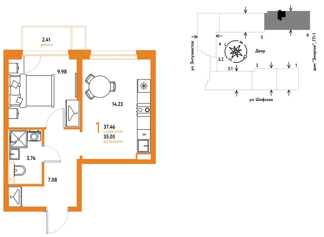 Планировка 1-комн. квартира, 37.45 м² ЖК «Страна.Энтузиастов»