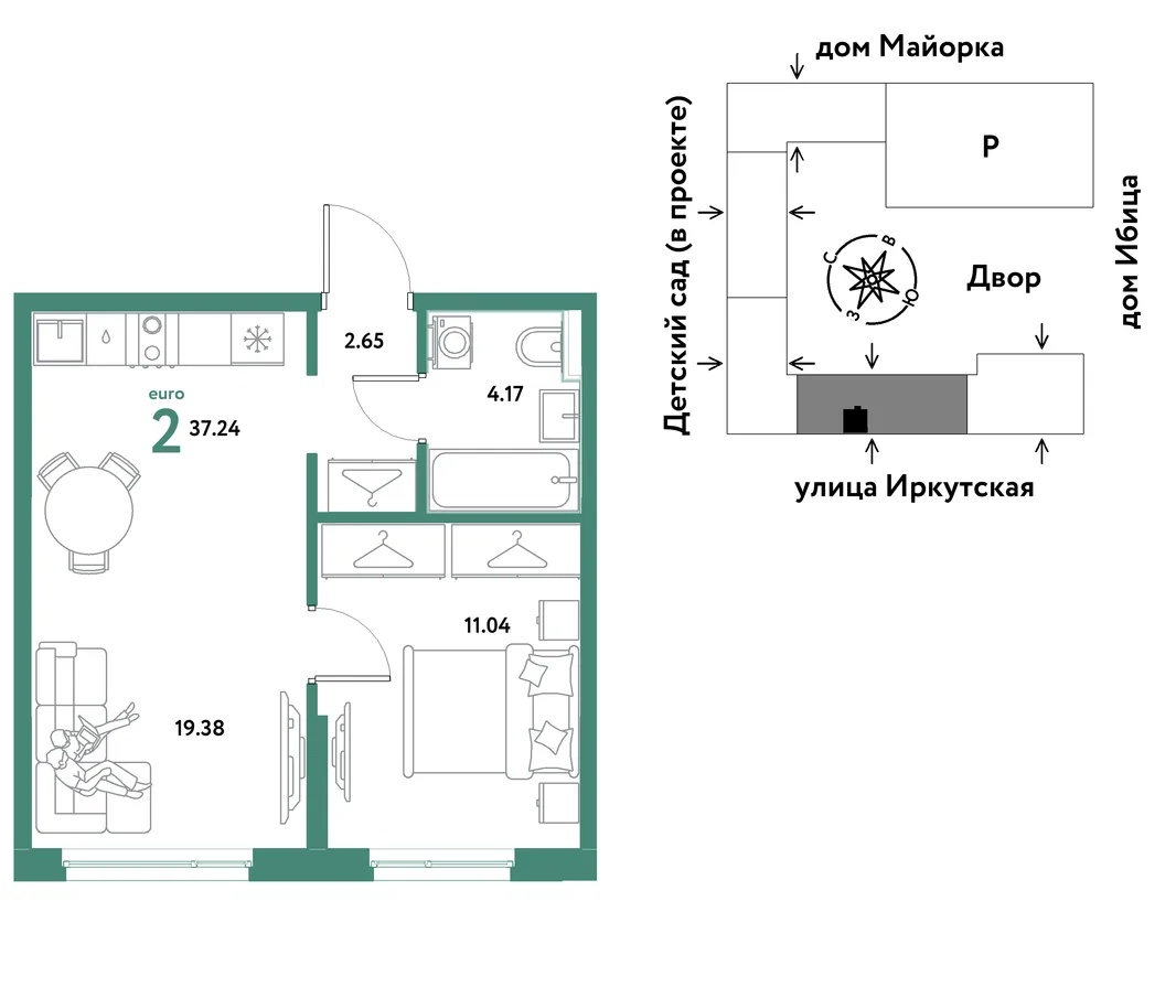 Планировка 2-комн. квартира, 37.24 м² ЖК «Остров-сад»