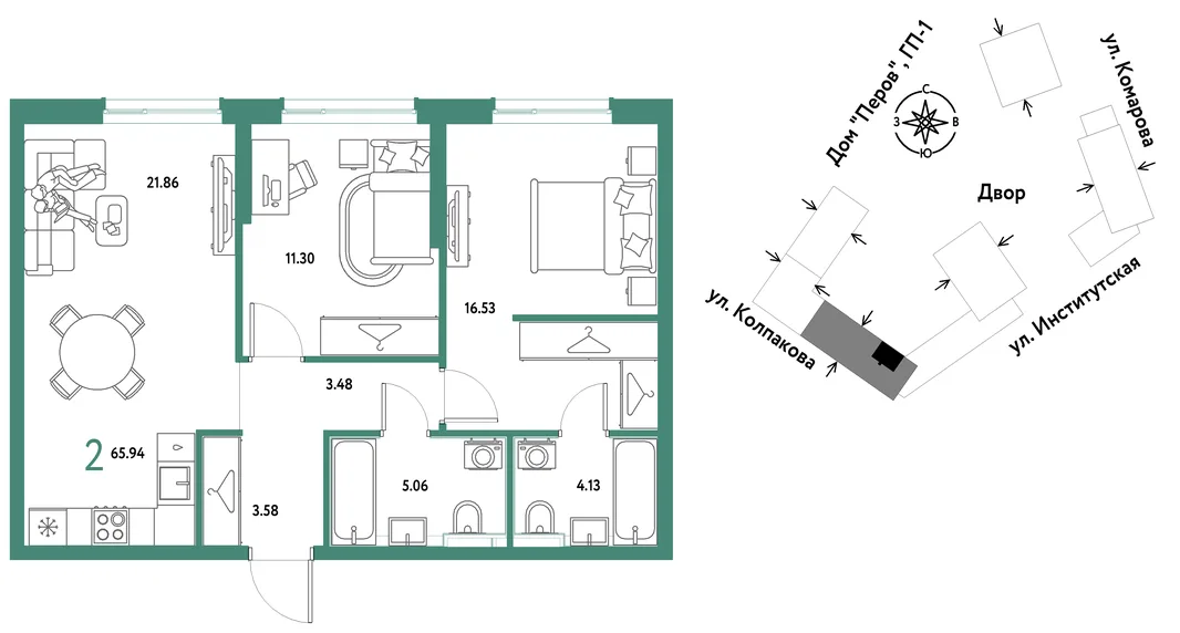 Планировка 2-комн. квартира, 65.94 м² ЖК «Страна.Парковая»