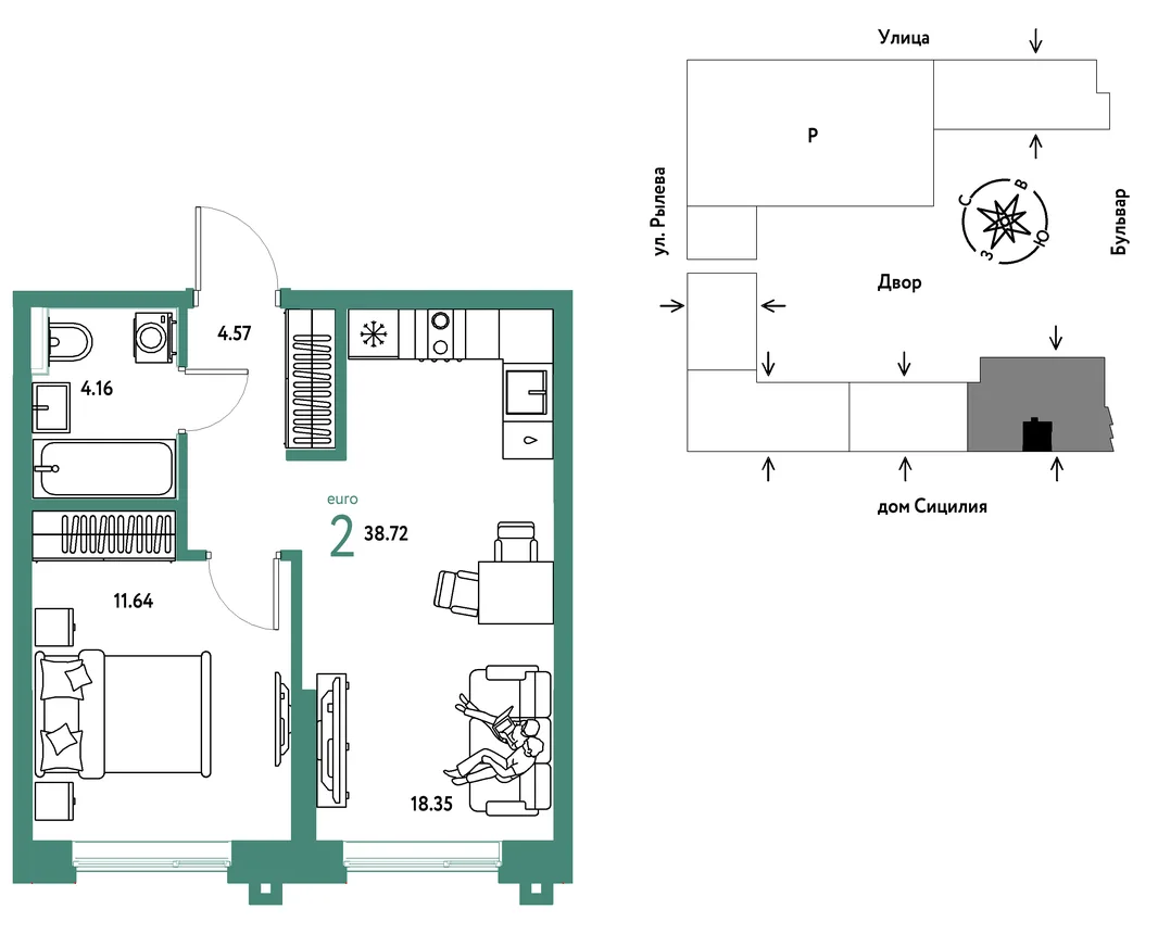 Планировка 2-комн. квартира, 38.72 м² ЖК «Остров-сад»