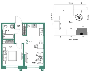 Планировка 2-комн. квартира, 38.72 м² ЖК «Остров-сад»