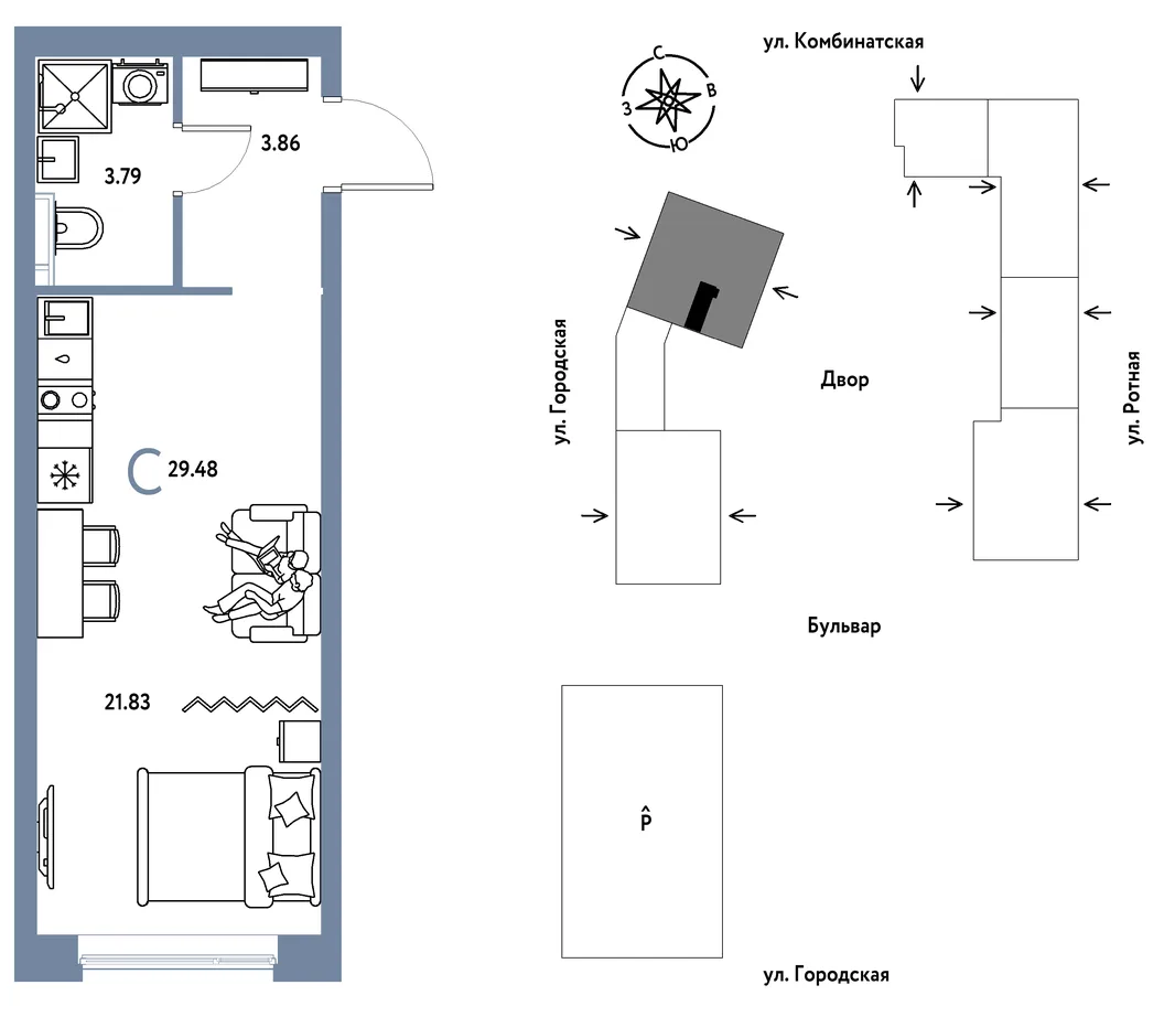 Планировка Студия, 29.48 м² ЖК «Уральский сад»