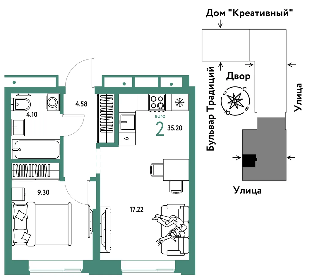 Планировка 2-комн. квартира, 35.2 м² ЖК «Микрорайон Домашний»
