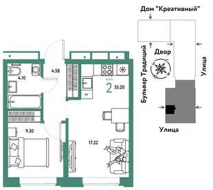 Планировка 2-комн. квартира, 35.2 м² ЖК «Микрорайон Домашний»