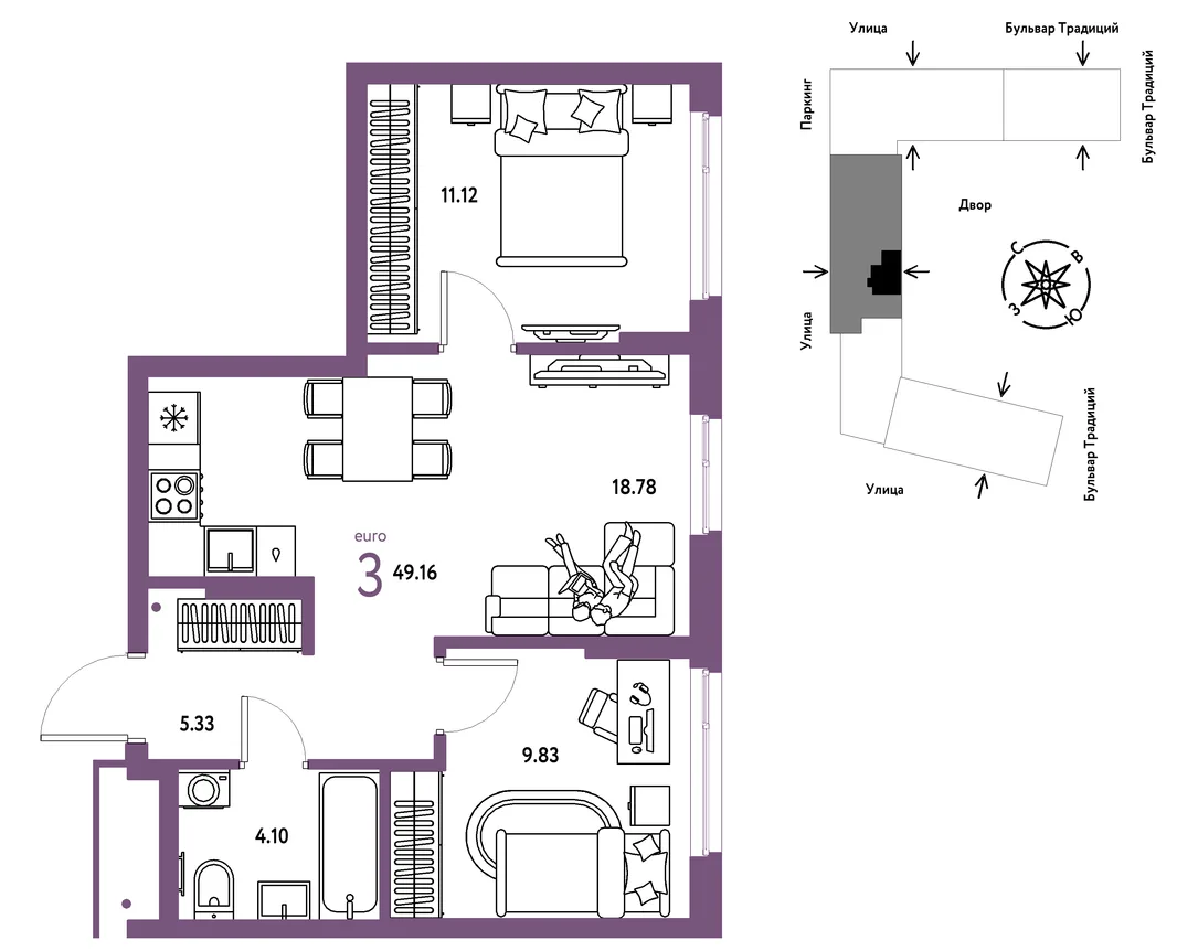 Планировка 3-комн. квартира, 49.16 м² ЖК «Микрорайон Домашний»