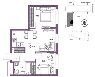 Планировка 3-комн. квартира, 49.16 м² ЖК «Микрорайон Домашний»