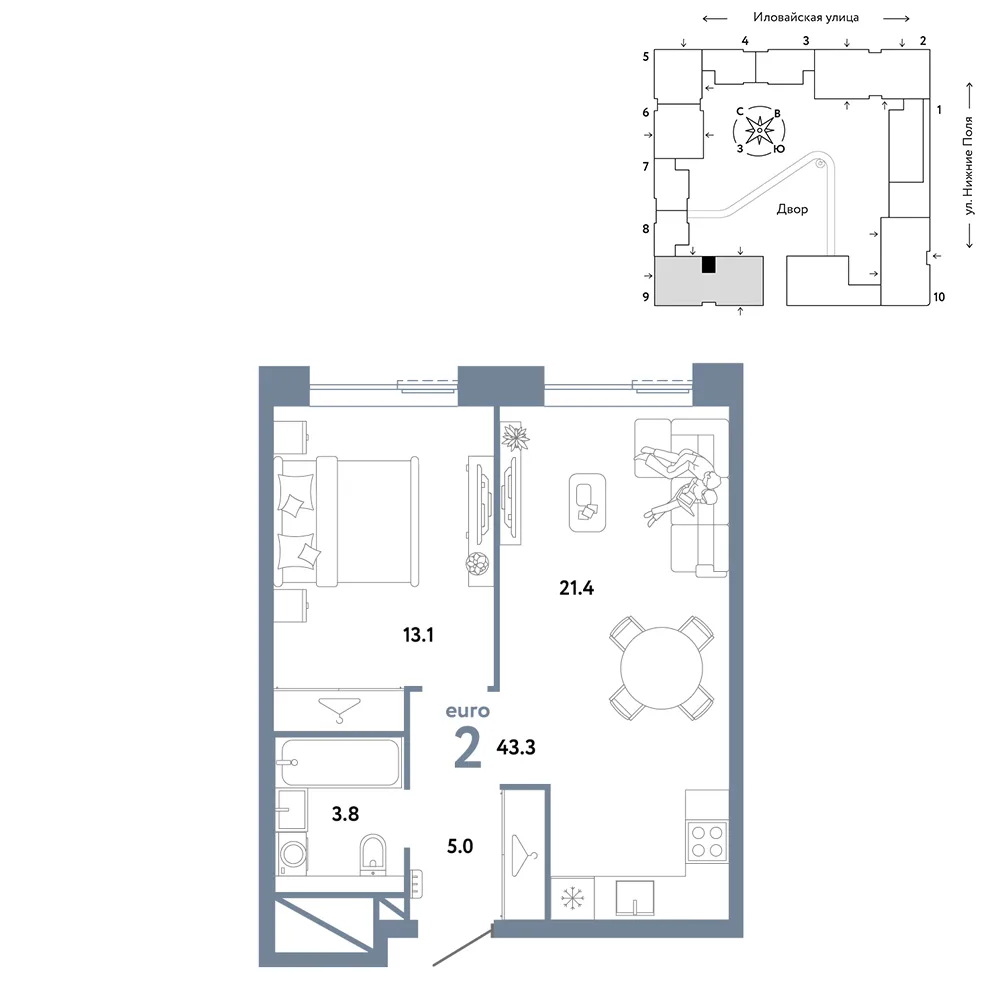Планировка 2-комн. квартира, 43.3 м² ЖК «Страна.Заречная»