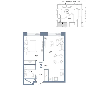 Планировка 2-комн. квартира, 43.3 м² ЖК «Страна.Заречная»