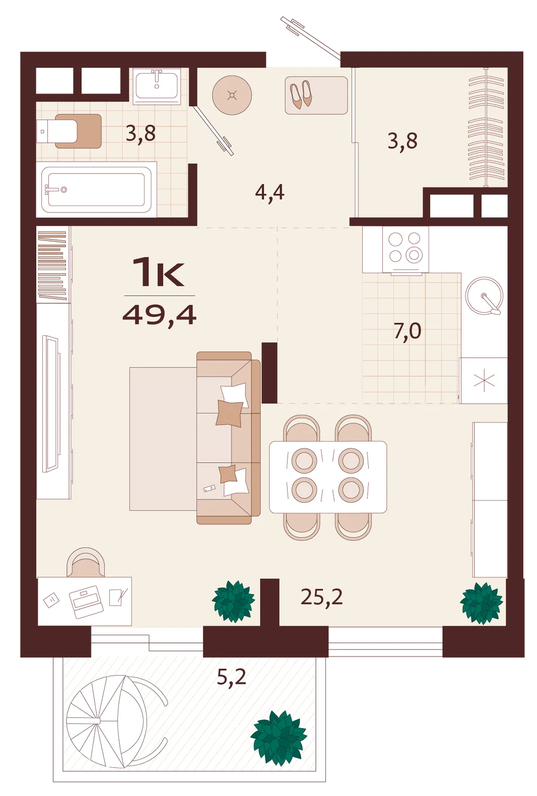Планировка 1-комн. квартира, 49.4 м² ЖК «Роялта»