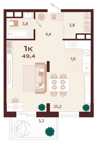 Планировка 1-комн. квартира, 49.4 м² ЖК «Роялта»