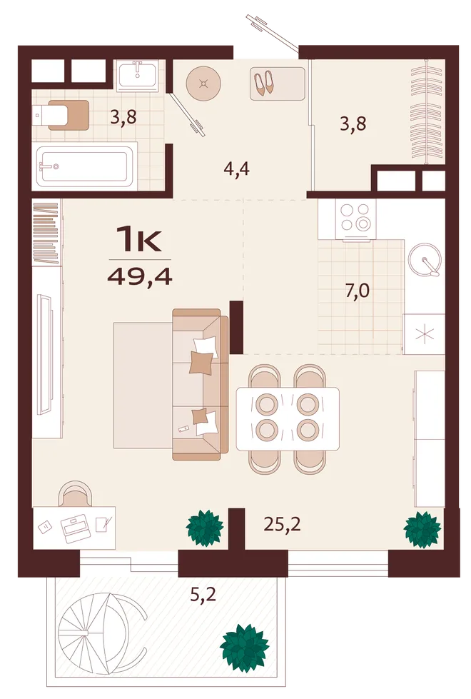 Планировка 1-комн. квартира, 49.4 м² ЖК «Роялта» Планировка 1-комн. квартира, 49.4 м² ЖК «Роялта»
