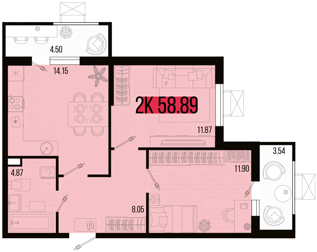 Планировка 2-комн. квартира, 54.86 м² ЖК «Цветной бульвар»