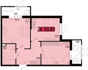 Планировка 2-комн. квартира, 54.86 м² ЖК «Цветной бульвар»