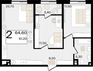 Планировка 2-комн. квартира, 64.6 м² ЖК «Патрики»