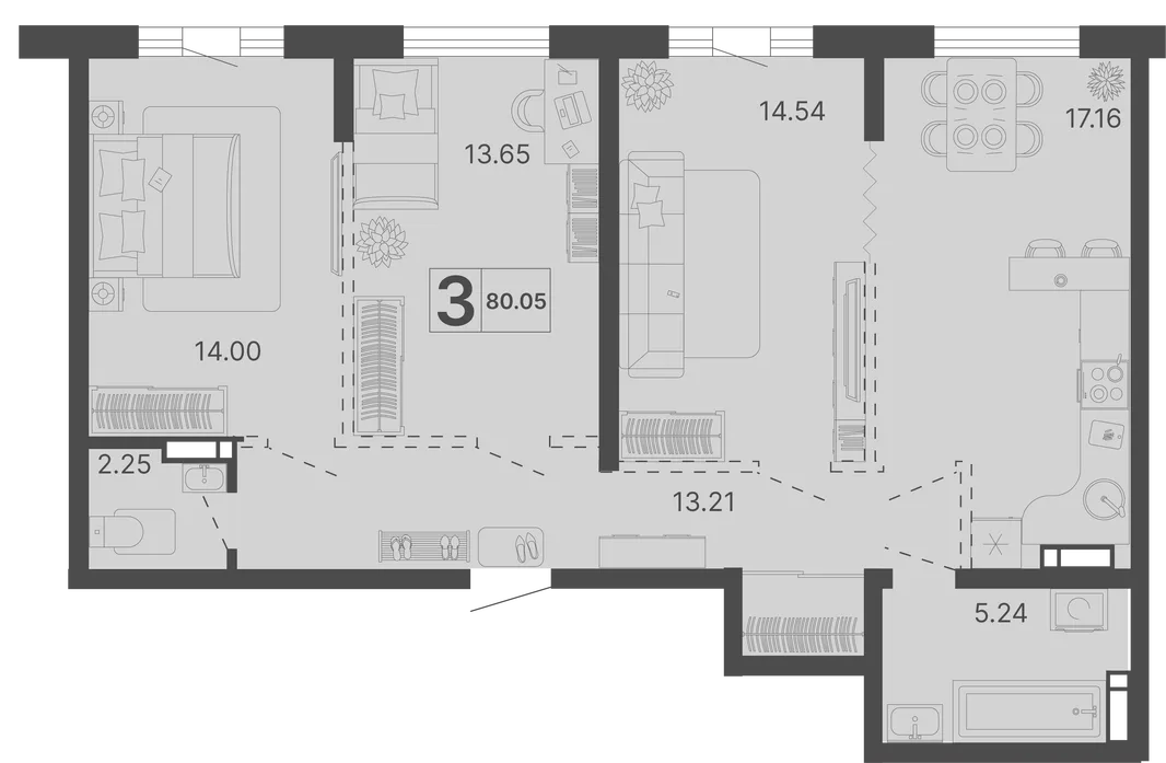Планировка 3-комн. квартира, 80.05 м² ЖК «Светский лес»
