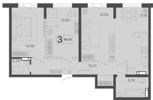 Планировка 3-комн. квартира, 80.05 м² ЖК «Светский лес»