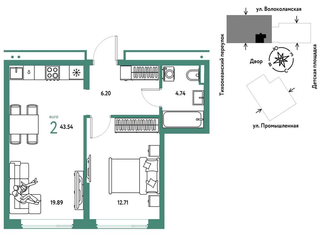 Планировка 2-комн. квартира, 43.54 м² ЖК «Страна Прибрежная»