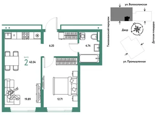 Планировка 2-комн. квартира, 43.54 м² ЖК «Страна Прибрежная»