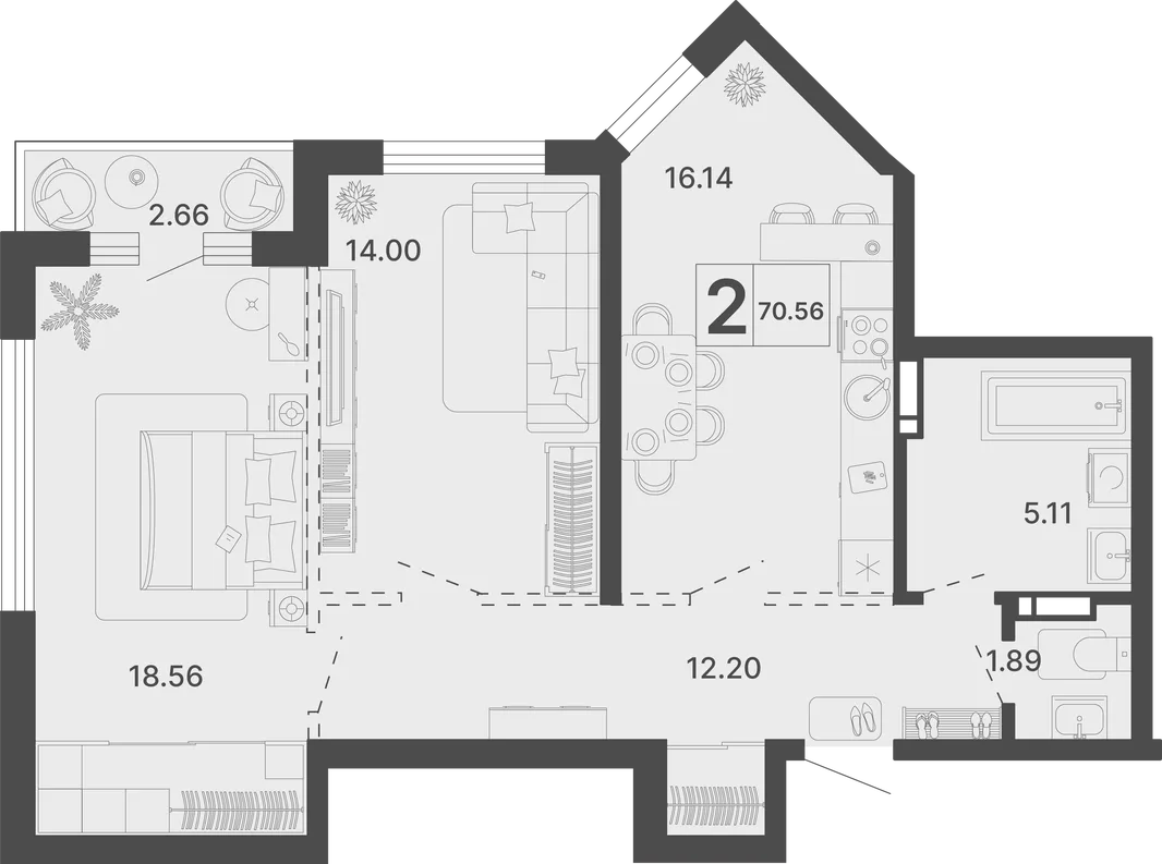 Планировка 2-комн. квартира, 70.56 м² ЖК «Светский лес»