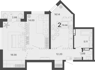 Планировка 2-комн. квартира, 70.56 м² ЖК «Светский лес»