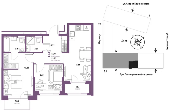 Планировка 3-комн. квартира, 59.35 м² ЖК «Микрорайон Домашний» Планировка 3-комн. квартира, 59.35 м² ЖК «Микрорайон Домашний»
