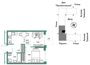Планировка 2-комн. квартира, 35.77 м² ЖК «Микрорайон Домашний»