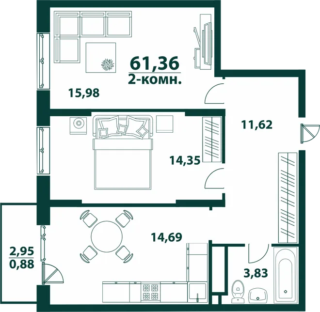 Планировка 2-комн. квартира, 61.36 м² ЖК «Аквамарин 2» Планировка 2-комн. квартира, 61.36 м² ЖК «Аквамарин 2»