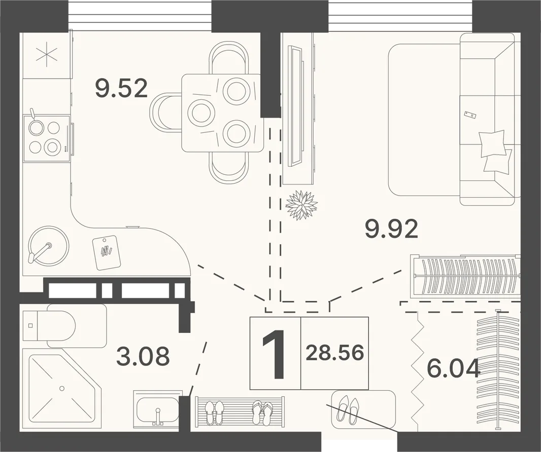 Планировка 1-комн. квартира, 28.56 м² ЖК «Светский лес»