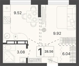 Планировка 1-комн. квартира, 28.56 м² ЖК «Светский лес»