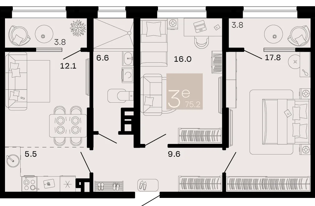 Планировка 3-комн. квартира, 75.2 м² ЖК «Хозяин морей»