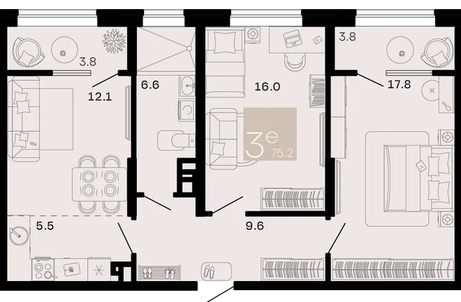 Планировка 3-комн. квартира, 75.2 м² ЖК «Хозяин морей» Планировка 3-комн. квартира, 75.2 м² ЖК «Хозяин морей»