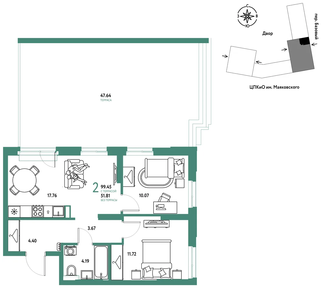Планировка 2-комн. квартира, 99.45 м² ЖК «Сибирский сад»