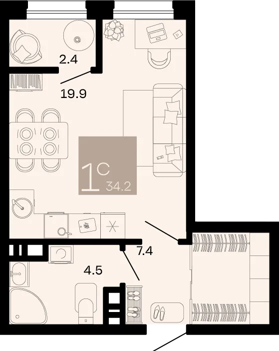 Планировка Студия, 34.2 м² ЖК «Хозяин морей»