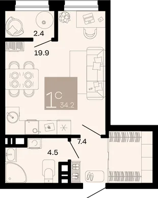Планировка Студия, 34.2 м² ЖК «Хозяин морей»