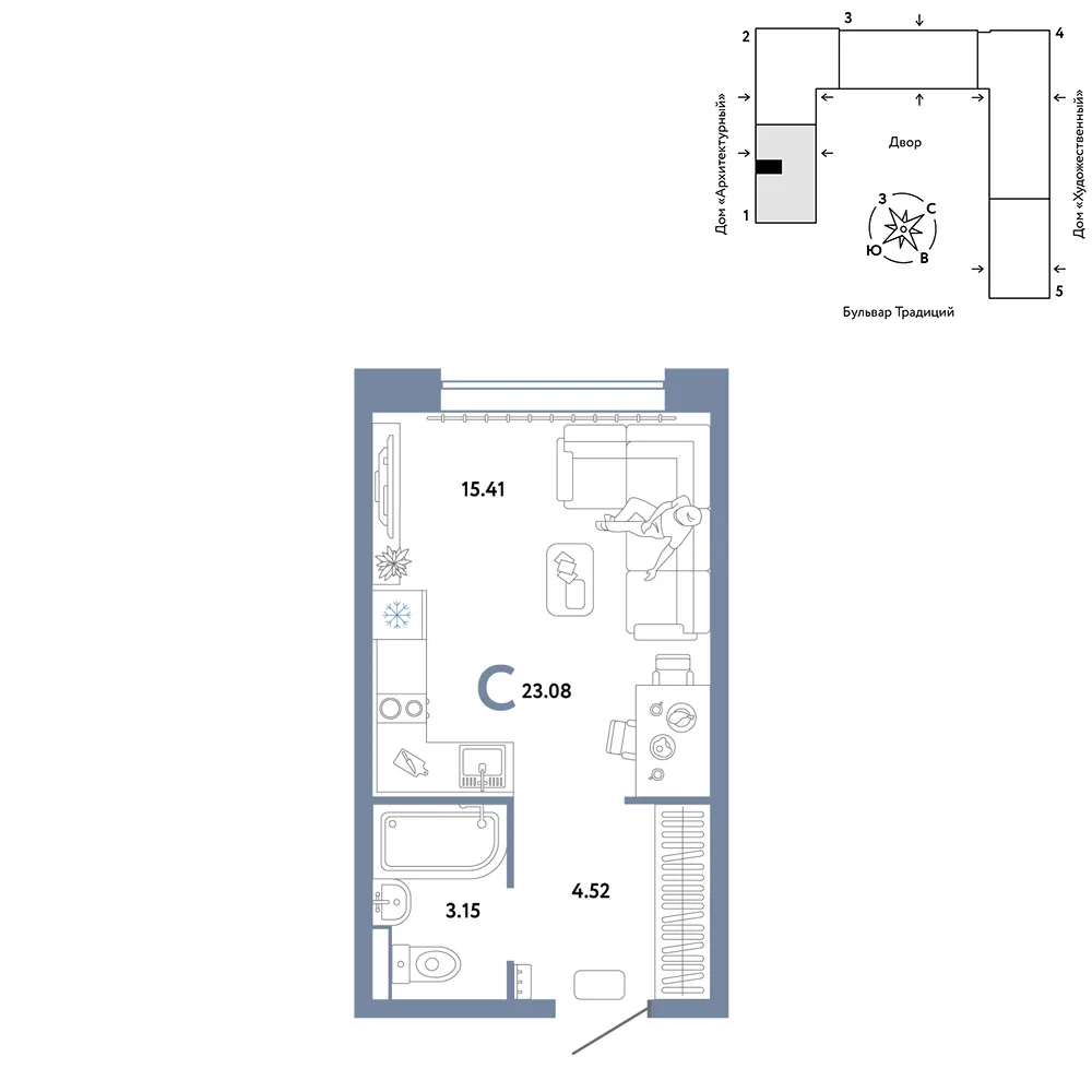 Планировка Студия, 23.08 м² ЖК «Микрорайон Домашний»