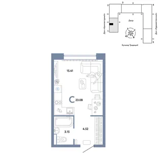 Планировка Студия, 23.08 м² ЖК «Микрорайон Домашний»