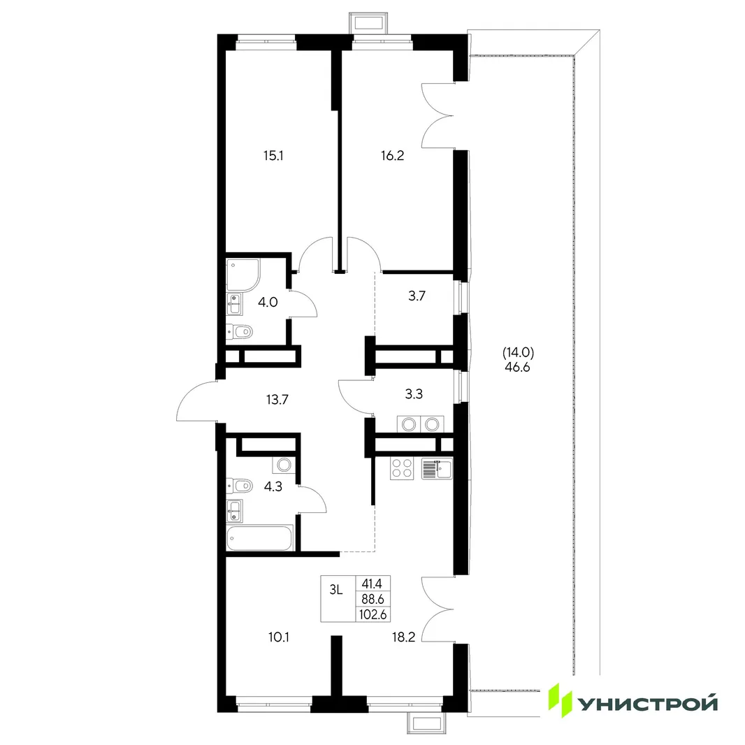 Планировка 3-комн. квартира, 102.6 м² ЖК «Стадиум»