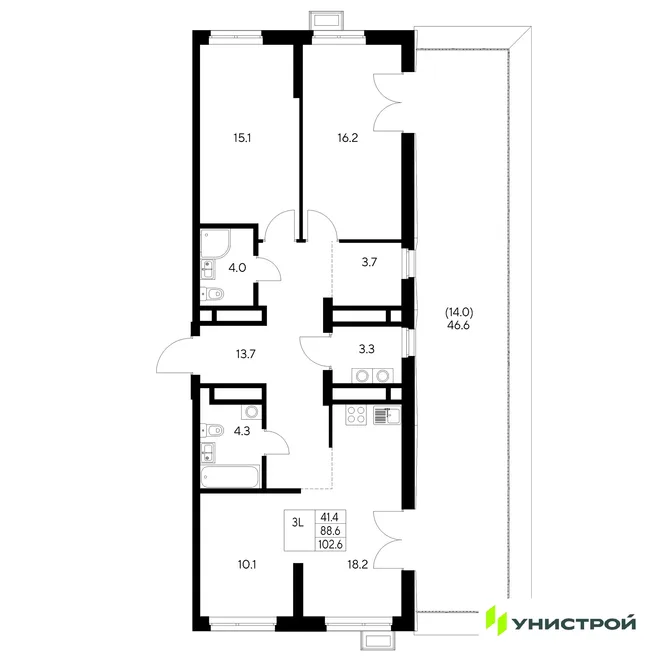 Планировка 3-комн. квартира, 102.6 м² ЖК «Стадиум» Планировка 3-комн. квартира, 102.6 м² ЖК «Стадиум»