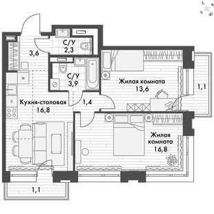 Квартира 2-комн. квартира, 61 м² ЖК «Философия» Фото 1 Квартира 2-комн. квартира, 61 м² ЖК «Философия» Фото 1