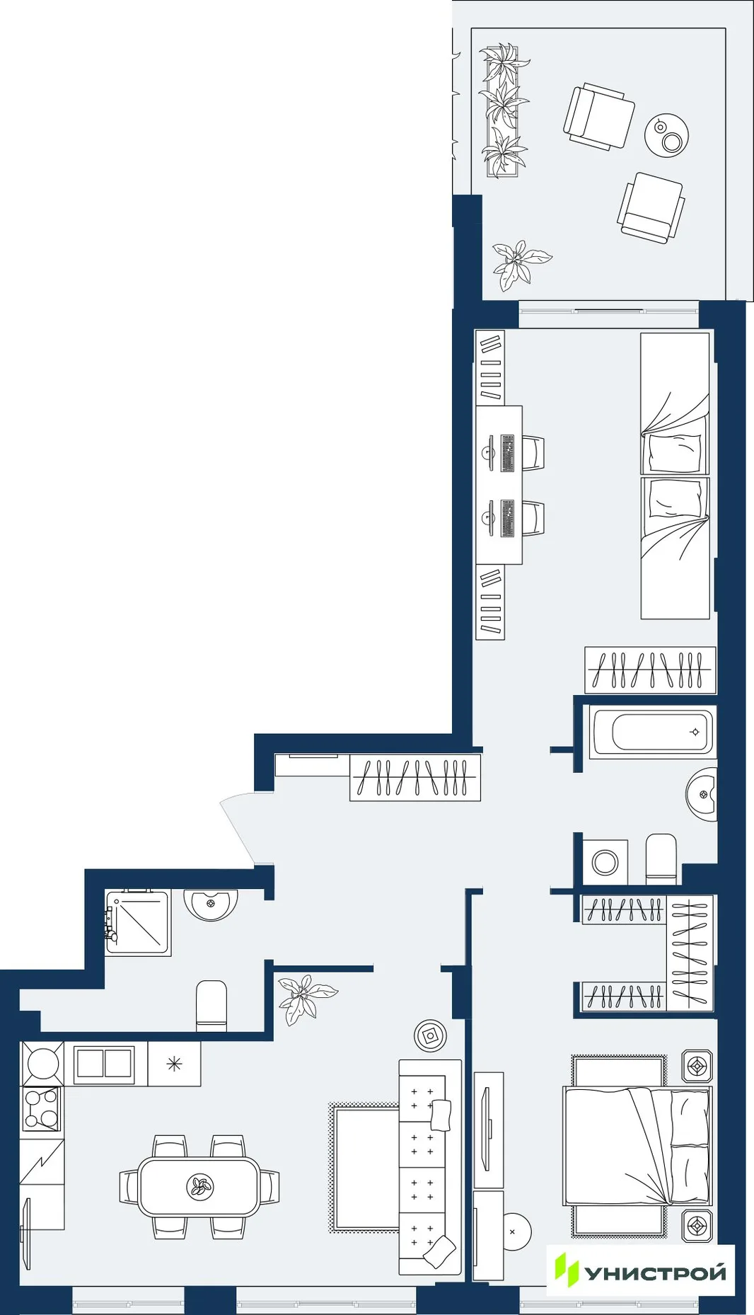 Планировка 2-комн. квартира, 77.28 м² ЖК «ГРАНД БЕРЕГ»