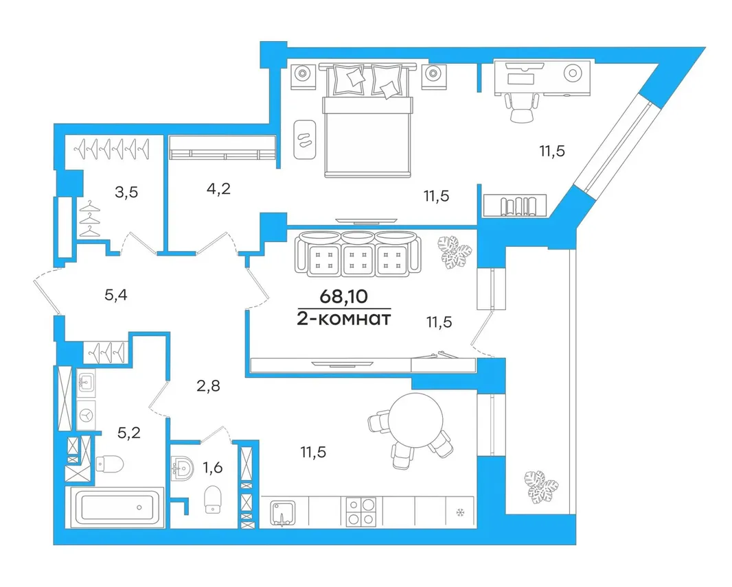 Планировка 2-комн. квартира, 68.1 м² ЖК «Художники»