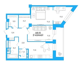 Планировка 2-комн. квартира, 68.1 м² ЖК «Художники»