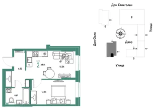 Планировка 2-комн. квартира, 39.11 м² ЖК «Европейский берег 2.0»
